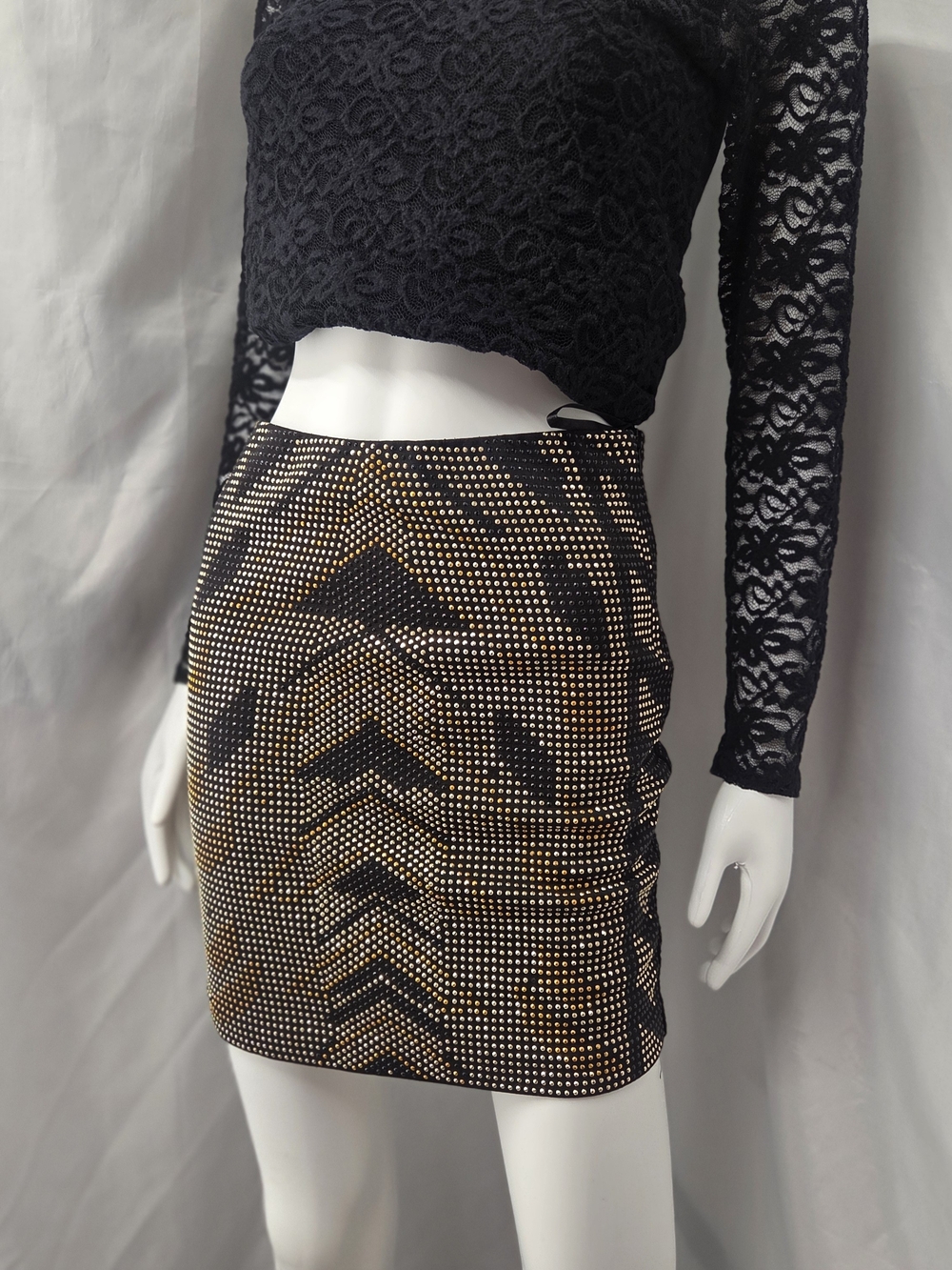 Romeo & Juliet Couture Gold Metallic Studded Geometric Mini Skirt S Rocker